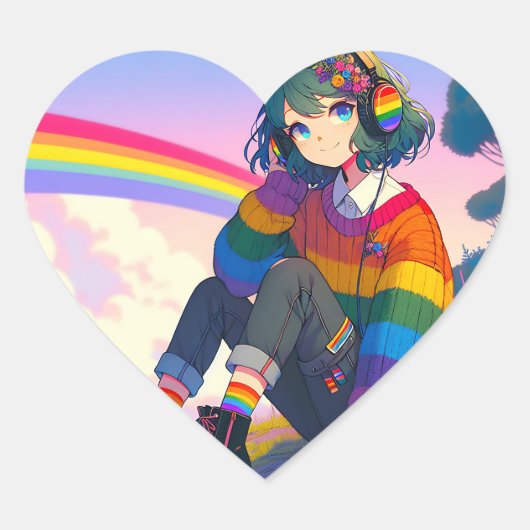 LGBTQIA+ Anime Meisje Lesbische Pride Hart Sticker (Voorkant)