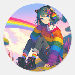 LGBTQIA+ Anime Meisje Lesbische Pride Ronde Sticker