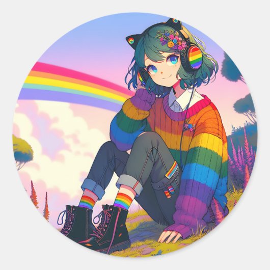 LGBTQIA+ Anime Meisje Lesbische Pride Ronde Sticker (Voorkant)