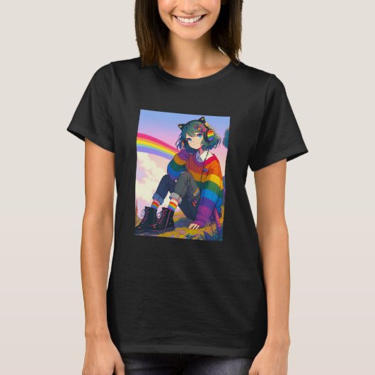LGBTQIA+ Anime Meisje Lesbische Pride T-shirt (Voorkant)