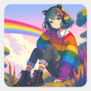 LGBTQIA+ Anime Meisje Lesbische Pride Vierkante Sticker