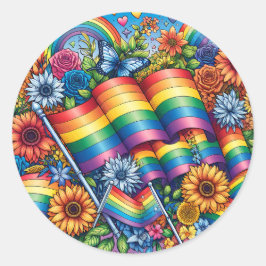 LGBTQIA+ Pride Vlaggen, Regenbogen, Bloemen Ronde Sticker