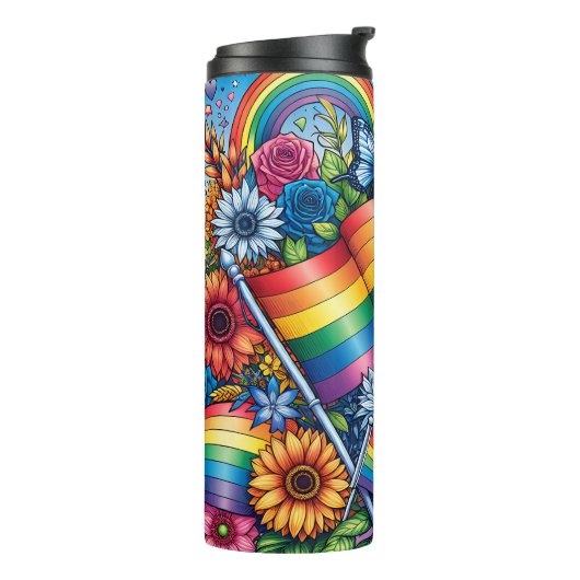 LGBTQIA+ Pride Vlaggen, Regenbogen, Bloemen Thermosbeker (Gedraaid links)
