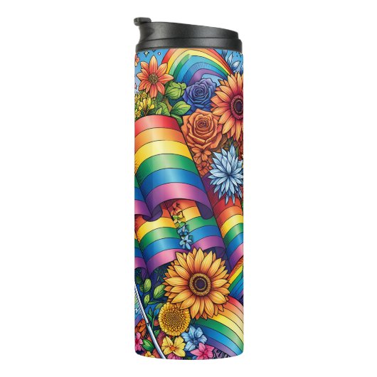 LGBTQIA+ Pride Vlaggen, Regenbogen, Bloemen Thermosbeker (Geroteerd rechts)