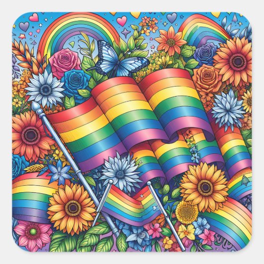 LGBTQIA+ Pride Vlaggen, Regenbogen, Bloemen Vierkante Sticker (Voorkant)