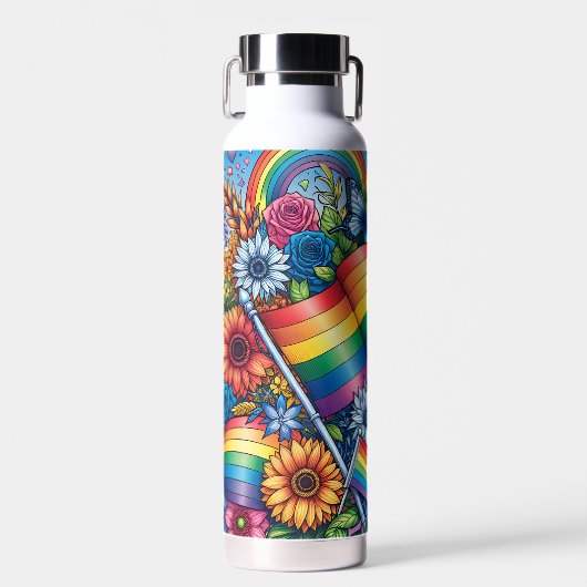LGBTQIA+ Pride Vlaggen, Regenbogen, Bloemen Waterfles (Voorkant)