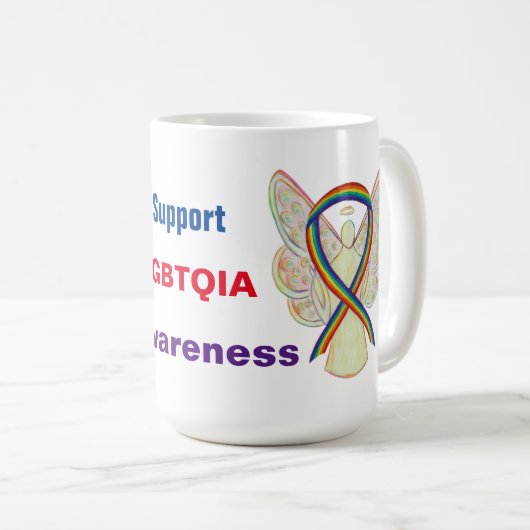 LGBTQIA Rainbow Awareness Ribbon Angel Coffee Mok (Voorkant rechts)