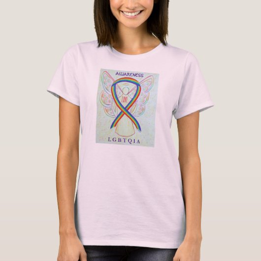 LGBTQIA Rainbow Awareness Ribbon Angel T-Shirts (Voorkant)