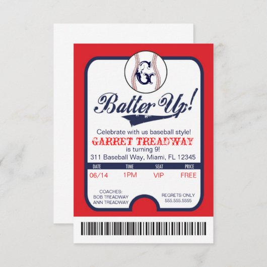 LGC Batter Up Baseball Ticket Celebration/Birthday Kaart (Voorkant / Achterkant)