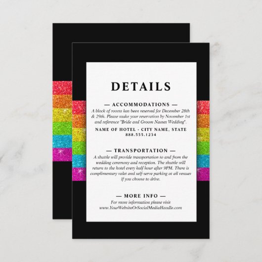 LGTBQ regenboog zwart chique moderne bruiloft glit Informatiekaartje (Voorkant / Achterkant)