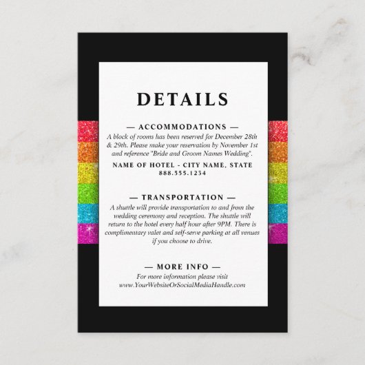LGTBQ regenboog zwart chique moderne bruiloft glit Informatiekaartje (Voorkant)