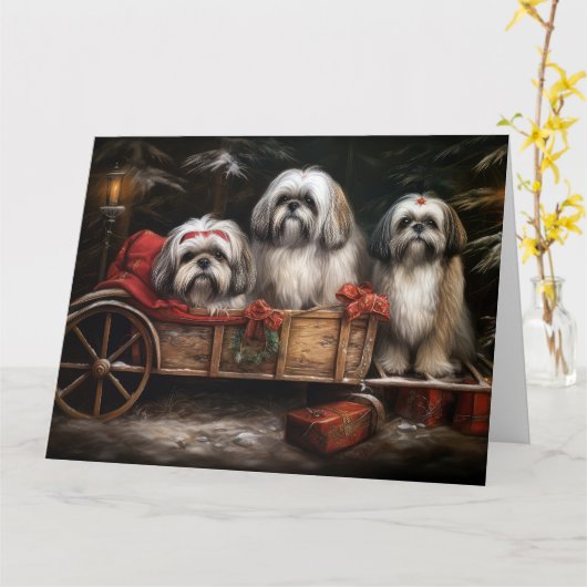 Lhasa Apso Besneeuwde slee Kerstdecoratie Kaart (Gele Bloem)