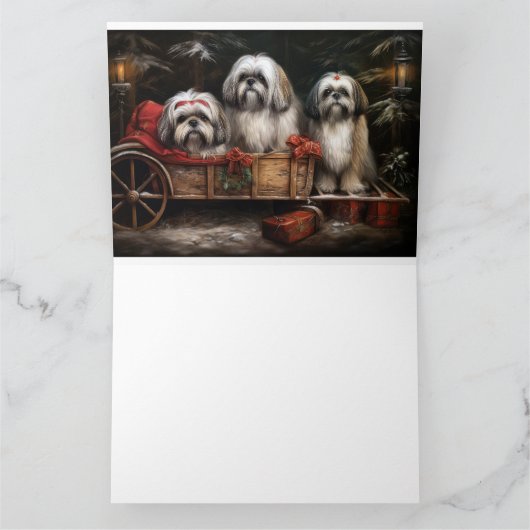 Lhasa Apso Besneeuwde slee Kerstdecoratie Kaart (Binnen)