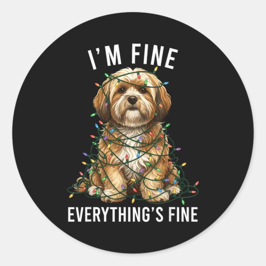Lhasa Apso Christmas I'm Fine Everything Is Fine Ronde Sticker (Voorkant)