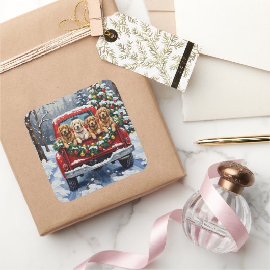 Lhasa Apso Christmas Red Truck Holiday Vierkante Sticker (Geschenken)