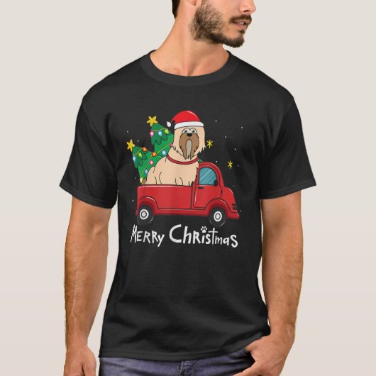 Lhasa Apso Christmas Truck Tree Mom Dad Funny Xmas T-shirt (Voorkant)