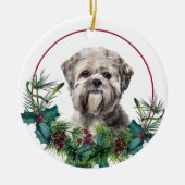 Lhasa Apso Dog Evergreen Berry Wreath Keramisch Ornament (Voorkant)