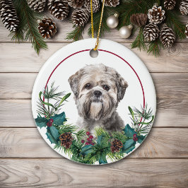 Lhasa Apso Dog Evergreen Berry Wreath Keramisch Ornament