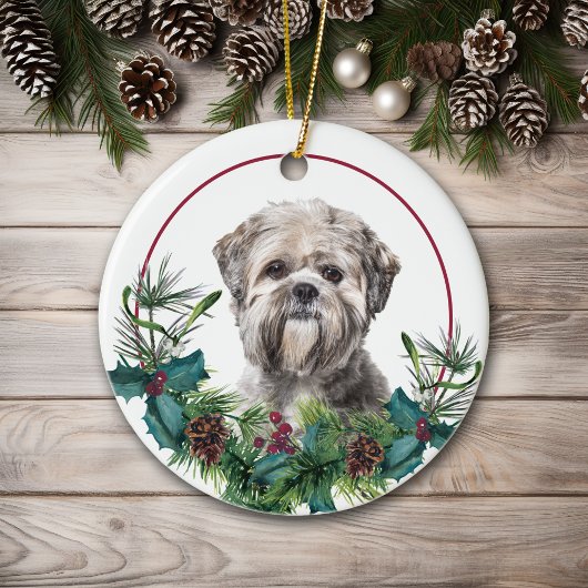 Lhasa Apso Dog Evergreen Berry Wreath Keramisch Ornament