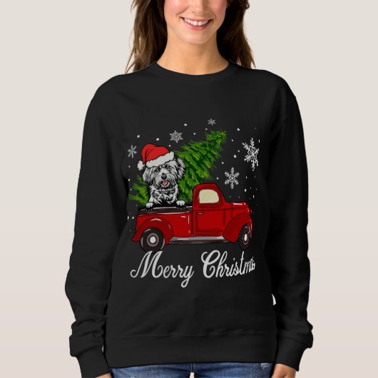 Lhasa apso Dog Riding Red Truck Merry Kerstde Trui (Voorkant)