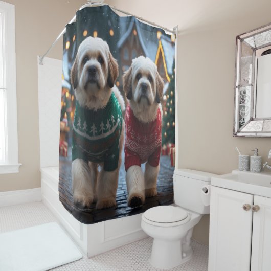Lhasa Apso Dogs Christmas Snow Holiday Douchegordijn (In situ)