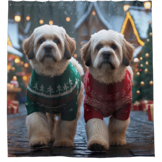 Lhasa Apso Dogs Christmas Snow Holiday Douchegordijn (Voorkant)