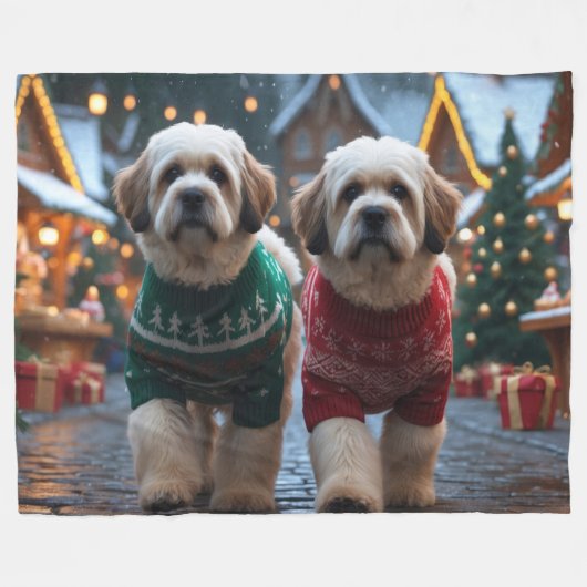 Lhasa Apso Dogs Christmas Snow Holiday Fleece Deken (Voorkant (Horizontaal))