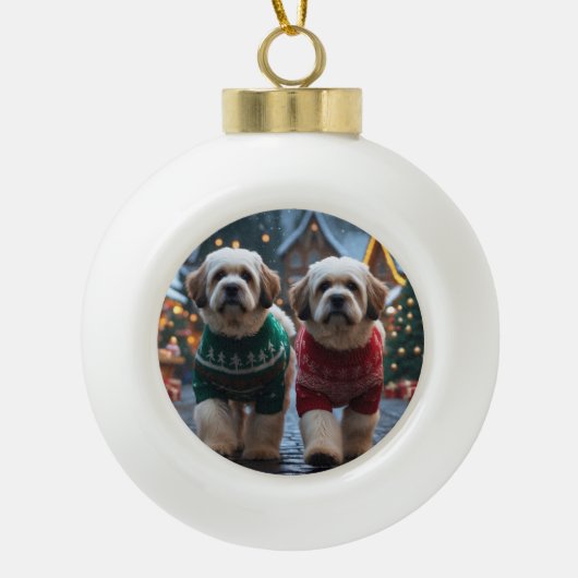 Lhasa Apso Dogs Christmas Snow Holiday Keramische Bal Ornament (Voorkant)