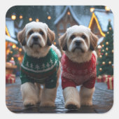 Lhasa Apso Dogs Christmas Snow Holiday Vierkante Sticker (Voorkant)