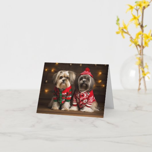 Lhasa Apso Dogs Kerst Kaart (Gele Bloem)