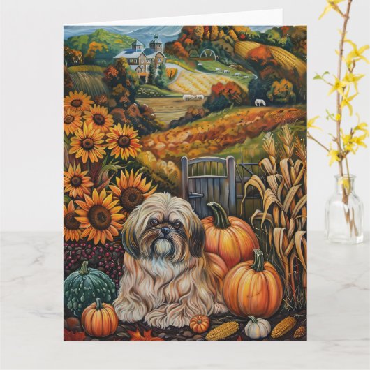 Lhasa Apso-hond Herfst Oogst Thanksgiving Kaart (Gele Bloem)
