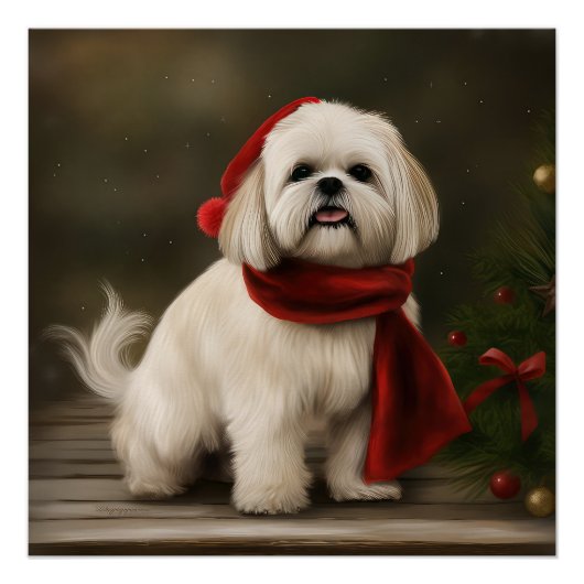 Lhasa Apso-hond in de sneeuw met Kerstmis Perfect Poster (Voorkant)