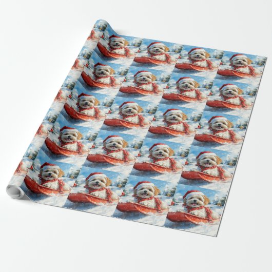 Lhasa Apso Hond in Sledge Laat het Sneeuw Kerstmis Cadeaupapier (Uitgerold)