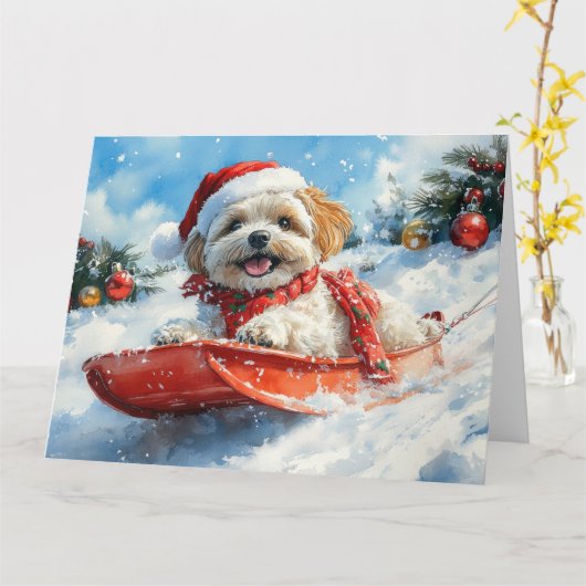 Lhasa Apso Hond in Sledge Laat het Sneeuw Kerstmis Kaart (Gele Bloem)