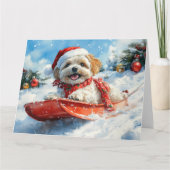 Lhasa Apso Hond in Sledge Laat het Sneeuw Kerstmis Kaart (Voorkant)