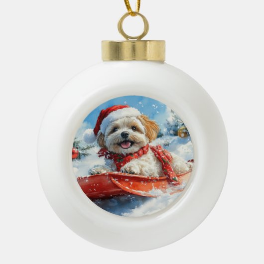 Lhasa Apso Hond in Sledge Laat het Sneeuw Kerstmis Keramische Bal Ornament (Voorkant)