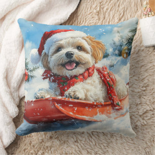 Lhasa Apso Hond in Sledge Laat het Sneeuw Kerstmis Kussen