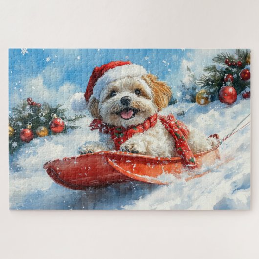 Lhasa Apso Hond in Sledge Laat het Sneeuw Kerstmis Legpuzzel (Horizontaal)
