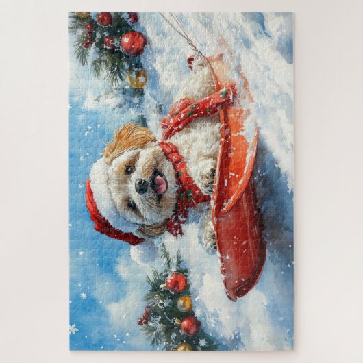 Lhasa Apso Hond in Sledge Laat het Sneeuw Kerstmis Legpuzzel (Verticaal)
