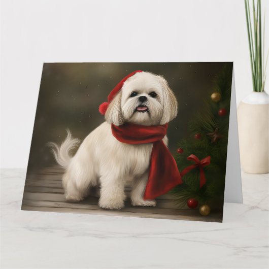 Lhasa Apso Hond in Sneeuw Kerstmis Kaart (Voorkant)