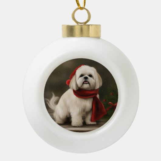 Lhasa Apso Hond in Sneeuw Kerstmis Keramische Bal Ornament (Voorkant)