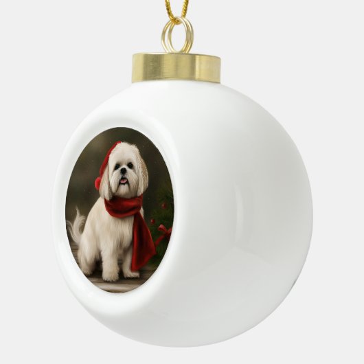 Lhasa Apso Hond in Sneeuw Kerstmis Keramische Bal Ornament (Rechts)