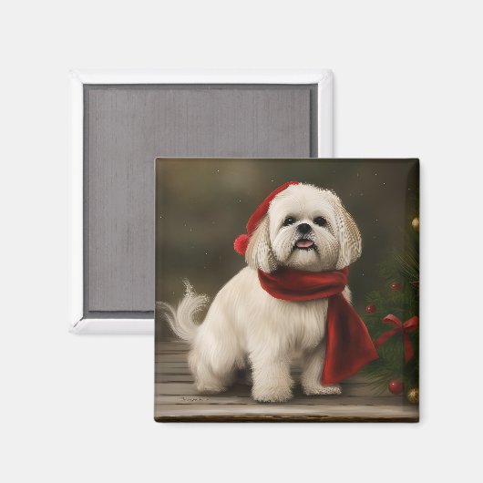 Lhasa Apso Hond in Sneeuw Kerstmis Magneet (Voorkant / Achterkant)