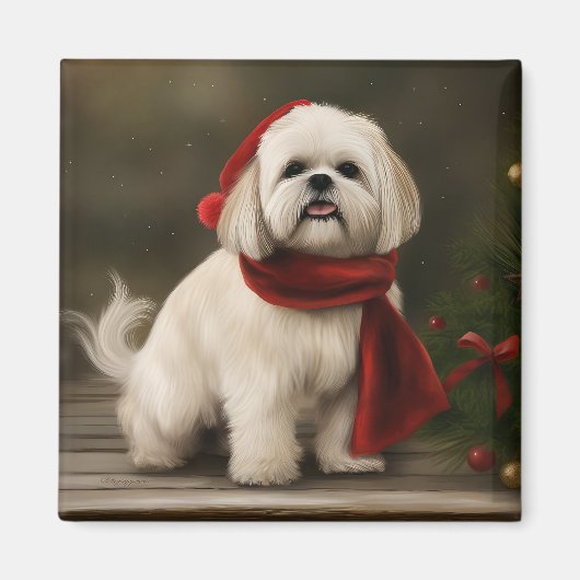 Lhasa Apso Hond in Sneeuw Kerstmis Magneet (Voorkant)