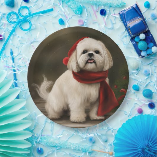 Lhasa Apso Hond in Sneeuw Kerstmis Papieren Bordje (Feest)