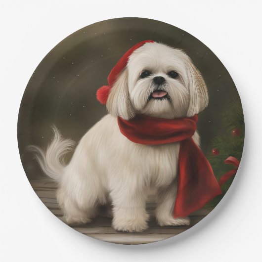 Lhasa Apso Hond in Sneeuw Kerstmis Papieren Bordje (Voorkant)