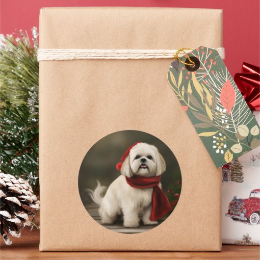 Lhasa Apso-hond in Sneeuw Kerstmis Ronde Sticker (Feestdagen)