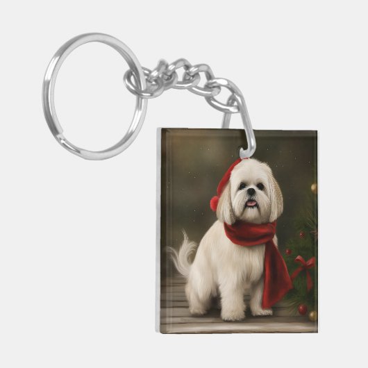 Lhasa Apso Hond in Sneeuw Kerstmis Sleutelhanger (Voorkant Links)