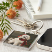 Lhasa Apso Hond in Sneeuw Kerstmis Sleutelhanger (Voorkant Rechts)