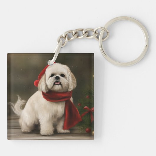 Lhasa Apso Hond in Sneeuw Kerstmis Sleutelhanger (Achterkant)